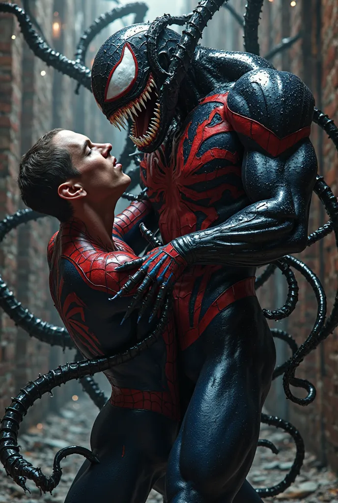 Create an image where Venom absorbs Spider-Man so that the symbiote's viscosity is clearly seen, Spider-Man must be trying to escape, but the Scene is too sensual. 