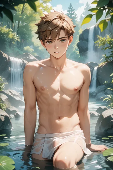 Secondary image of a boy with brown hair soaking in a hot spring