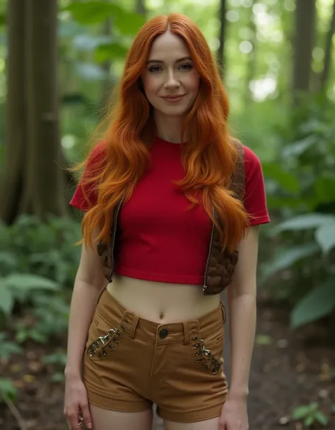 1girl, alone, alta resolução, melhor qualidade, HDR, 120 mil pixels, fotografia profissional, hiperrealista, Karen Gillan, redhead hair, Ruby Roundhouse, Jumanji, in a forest, in the jungle during the day, morning day, red marsala t-shirt, beige shortbshor...