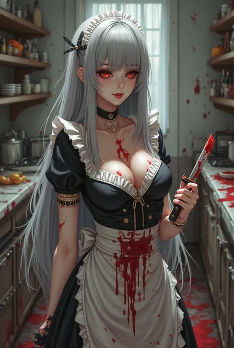 A stunning older sister with a tall, elegant figure and a G-cup bust, now as a regular human but with the same captivating and slightly intimidating aura. She has long, flowing silver or gray hair, sharp features, and deep crimson red eyes like rubies. Her...