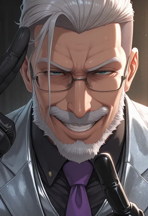 masterpiece,high quality,face close up,40yo japanese mature male,dandy,strong,handsome,glasses,silver suits,silver vest,evil smile,purple necktie,side undercut,side part hairstyle,slick back hair,black leather glove,(two-finger salute),absurdres