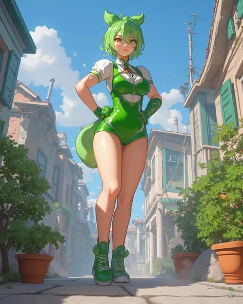 zundamonSKAver, light green hair, green salopette, hands on hip, full body, land on the ground, like a Hero Landing, residential area background, (masterpiece, best quality:1.2) 