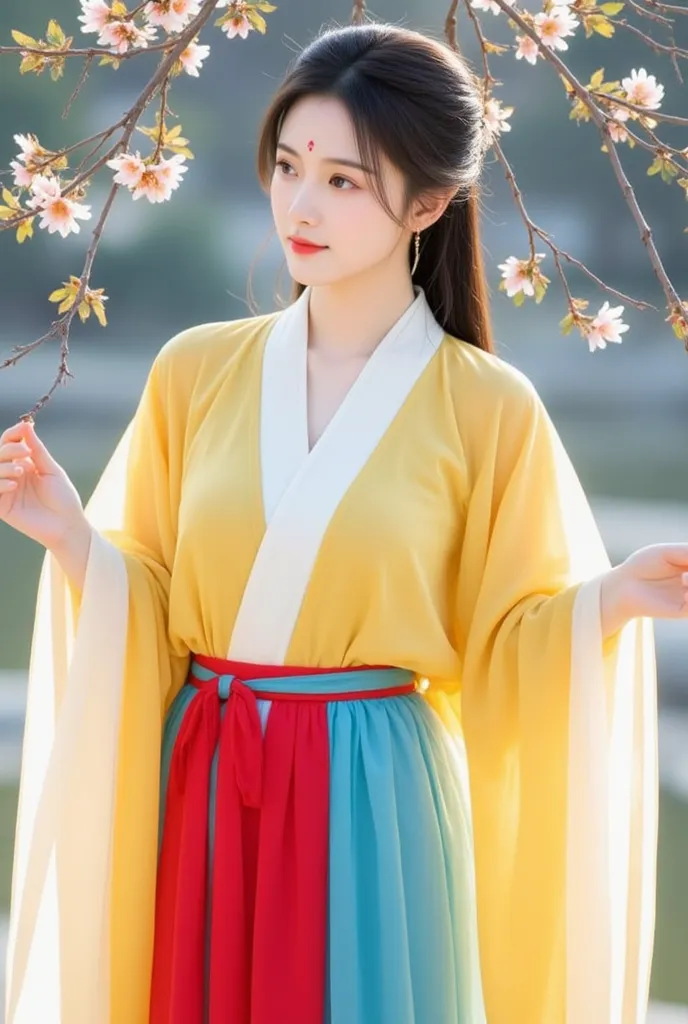 The image depicts a young woman dressed in traditional Hanfu attire. She is wearing a flowing yellow robe layered with white, along with a vibrant red and blue skirt. Her hair is styled elegantly with a decorative hairpin, complementing the serene and natu...