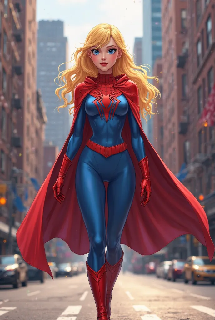 Blond-haired female anime female superhero walking in New York with red boots and gloves blue clothes drawing of a spider on the chest superheroine cape made of spider web Spiderman powers and laser vision daughter of Spiderman and super girl 