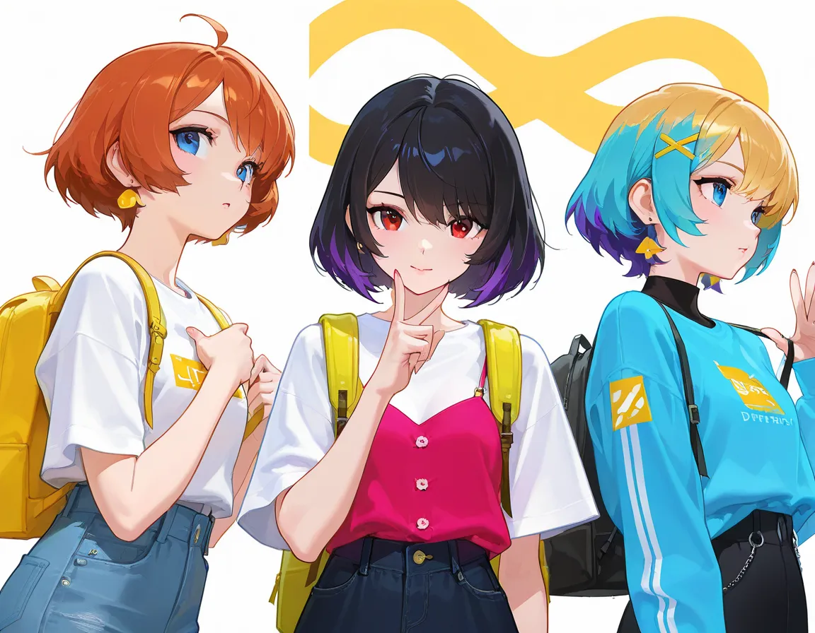 3 girls, anime characters, outfit designs, diverse outfits, (upper body character design), outfit design, fashion concept art, holding bag, different haircolor, backpack, hand gesture,