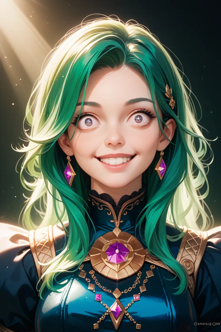  score_9,  score_8_up,  score_7_up,  score_6_up, masterpiece,8k,Dedicated,1 girl,Alone,viewers,,smile, green hair,teeth, green,constricted pupils,