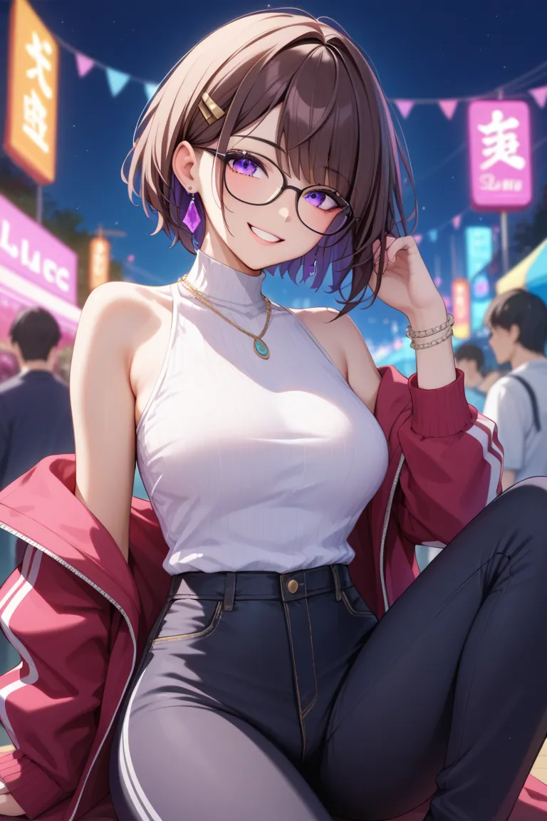  1 girl,high quality、最high image quality、LOL、smile,  face layer、 high image quality , glasses, short hair full of pee , purple eyes、dark brown hair、Perm、archive, long pants、 high neck、sleeveless、necklaces、Night Party、Loudspeaker