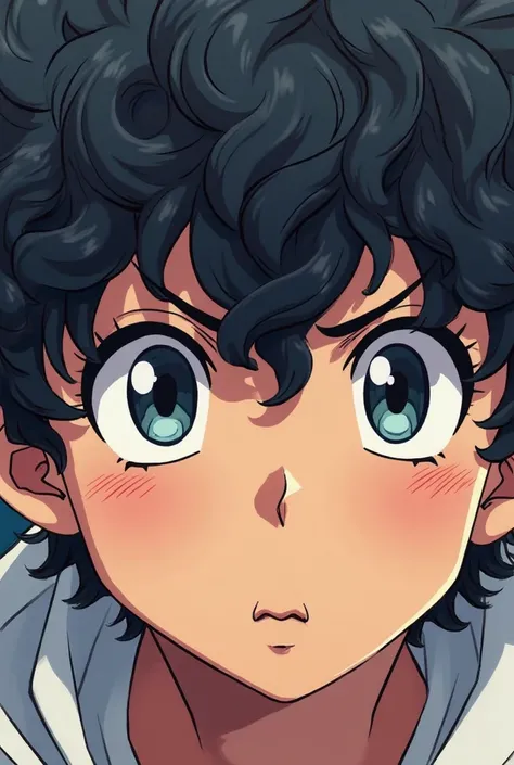 masterpiece anime style illustrated logo, medium close up, emote for twitch, on curly dark haired boy