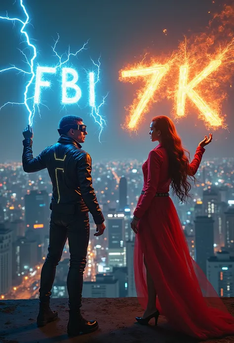 a lightning controller dressed in blue and black cyberpunk style wearing goggles on his head, boots, raising one hand upwards which emits lightning in the shape of the words FBI 7K and a beautiful long-haired fire controller woman dressed in bright red cyb...