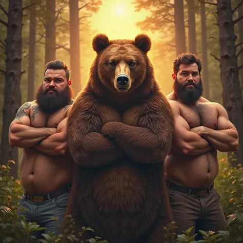 Create a realistic flyer with a large brown bear in the center with its arms crossed, sexy and complicit look in a forest with sunset light.
On each side ,  two sexy men , very hairy, with a beard and a very sturdy build and with big bellies, somewhat chub...