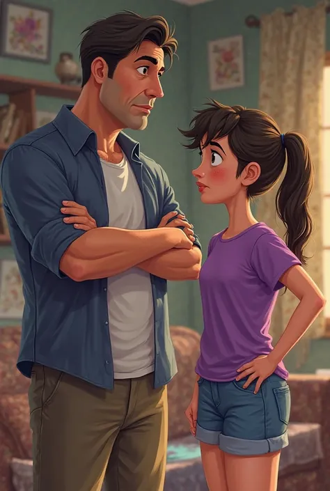 Dad scolds his 15-year-old daughter in a purple shirt and blue shorts for drawing animation