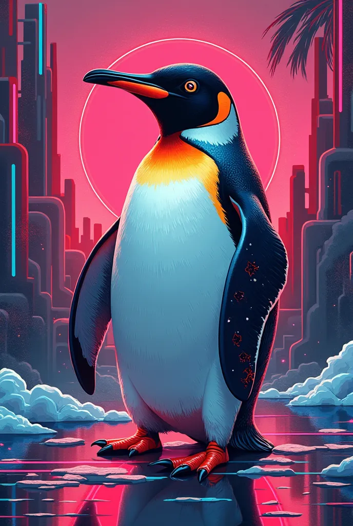 Realiza un pingüino con un estilo de los años 80's con color rojo y azul