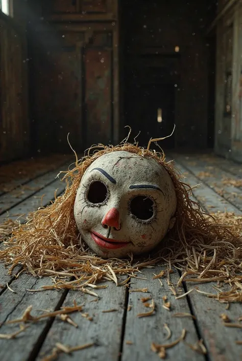 A tattered scarecrow clothe mask laid on wooden plank barn floor littered with straw