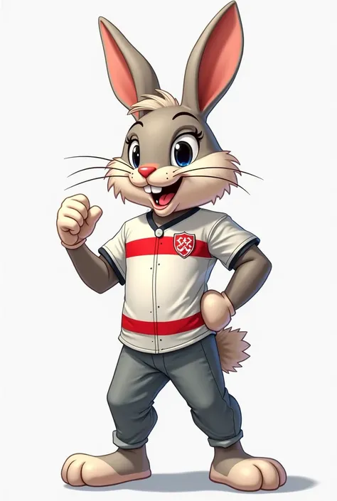 
Create an anthropomorphic institutional mascot with comic style of a rabbit in a white uniform with red stripes, gray pants in a dynamic pose, with charisma