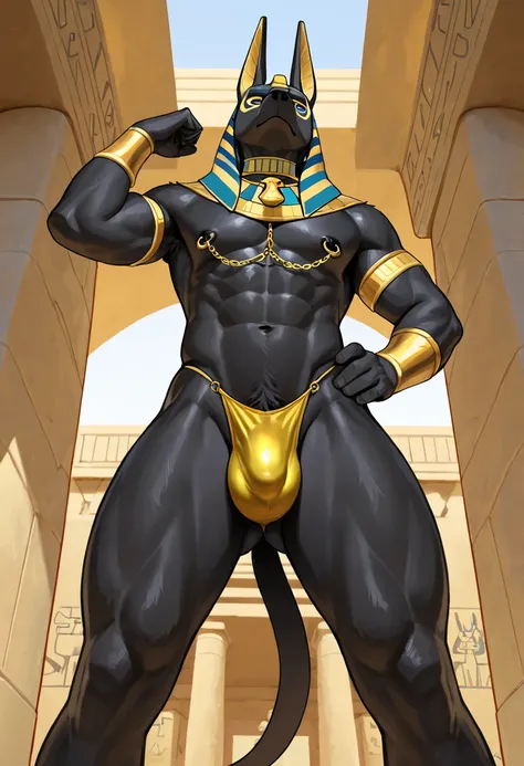 Highest quality,perfect anatomy,male anthropomorphic anubis wearing thong panties,yellow panties,black skin,big bulging crotch,furry,egyptian robe,femboy body,gay,egyptian temple,obscene language,egyptian outfit,nipple piercing,body chain,view from below