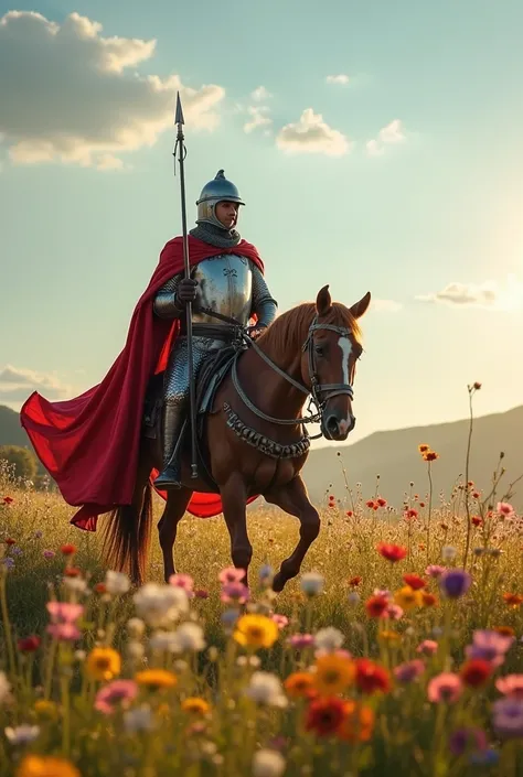 Medieval soldier walking on a sunny day through a field full of flowers with his faithful horse for horizontal wallpaper. this from a slightly more distant perspective and not in the shade of the sun. I want to give a little more importance to the landscap...