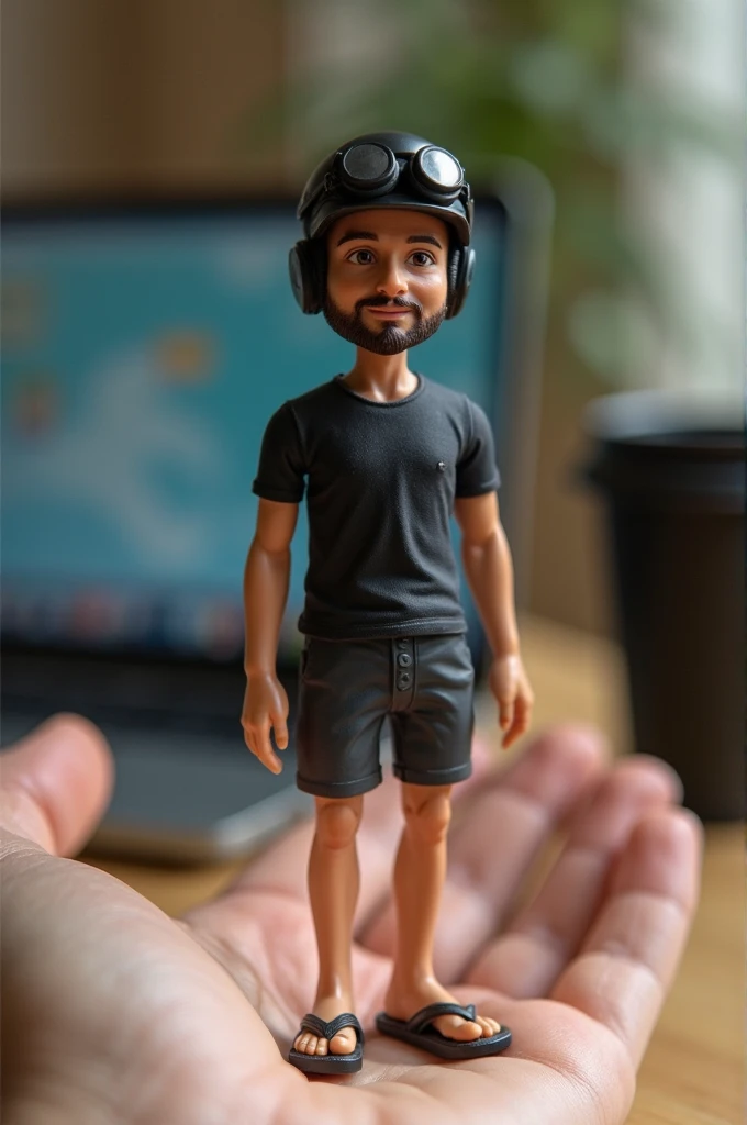 realistic photo, very detailed realistic action figure miniature of a man with a relaxed, clean face, wearing a black helmet with goggles on top and a plain black t-shirt. Wearing shorts and flip-flops, he was sitting smoking. The figure has a relaxed expr...