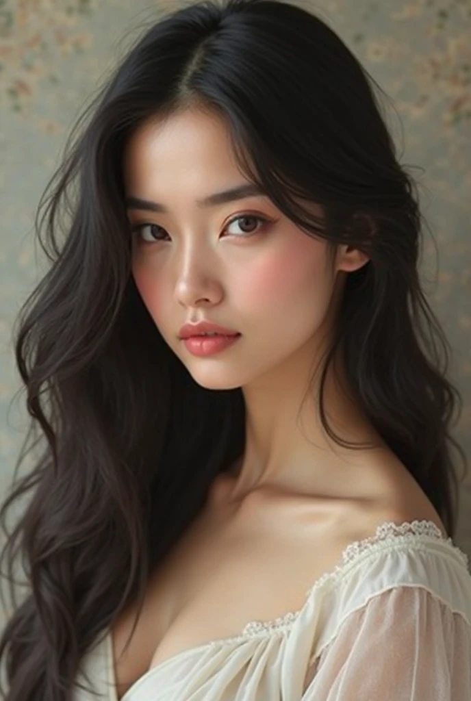 A beautiful black-haired woman with almond-shaped eyes 