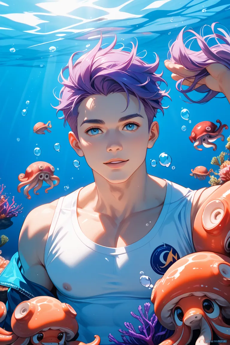 A handsome man with purple hair and his whole body floating in the ocean