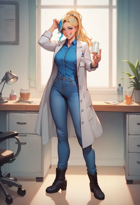 Masterpiece, best quality, high resolution,1girl, long blonde hair with blue highlights, ponytail, lab coat, dark blue button up shirt, jeans, professional pose, professional appearance, nervous smile, blue eyes, full body, work boots