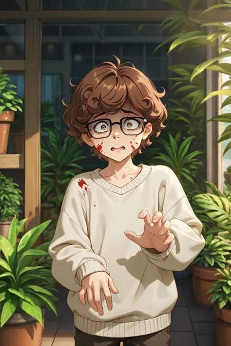 Masterpiece, highest quality, 8k, hdr,1boy, very short curly brown hair, glasses, sweater, khakis, Seymour Krelborn, plant shop in background, blood splatter, detailed, blood on face and clothes, scared pose, dynamic pose