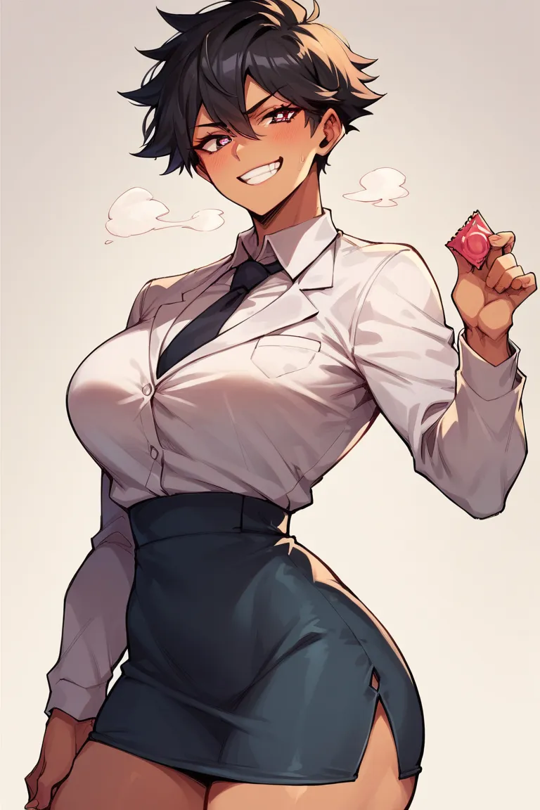  tomboy, short black hair, high, voluptuous body, curvy body, muscular body,  FORMAL SUIT, mischievous smile skirt, condom in hand, heart pupils,  mischievous smile..