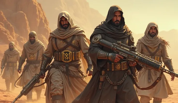 (photorealism:3.2), a few roguish magical rich Arabic mercenaries, they are young and strong, they are dressed in militant hajibs and ready for war, they can cast magic, harsh and experienced and aggressive, epic armor, tumultuous magical desert environmen...