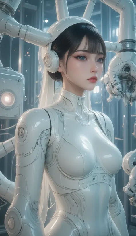 masterpiece, best quality, extremely detailed, Japanese android girl,Plump ,control panels,robot arms,robot,android,cyborg,white robot body,ceramic body,perfect robotgirl,blunt bangs,sumo wrestler,blue eyes