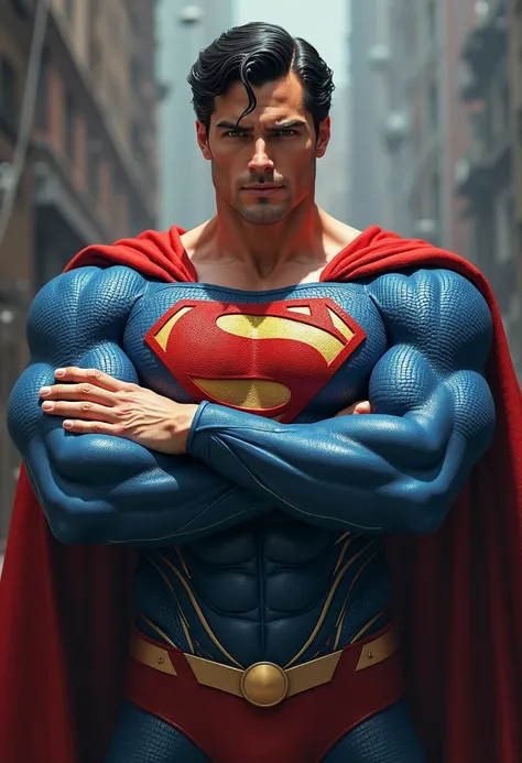 SUPERMAN WITH HIS ARMS CROSSED LOOKING INTENTLY AT THE CAMERA