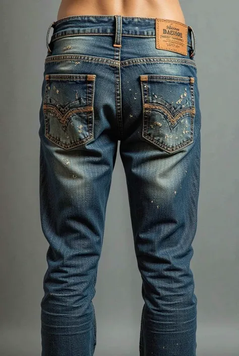 Scratched jeans with brand name AMERICAN PANDA written on the waist 