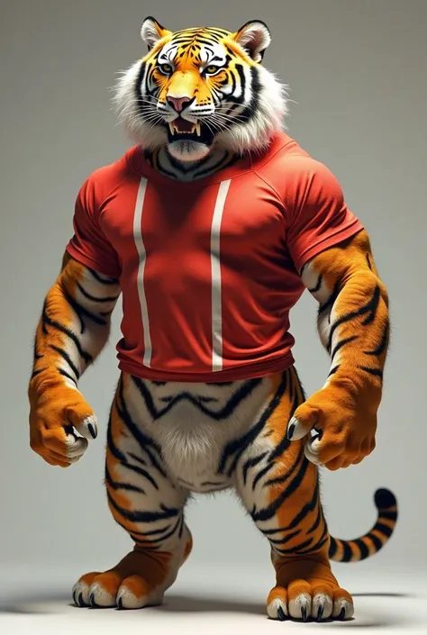 A tiger that has a human posture, has huge testicles, They almost hit the ground. He wears a red shirt with thick vertical red stripes.