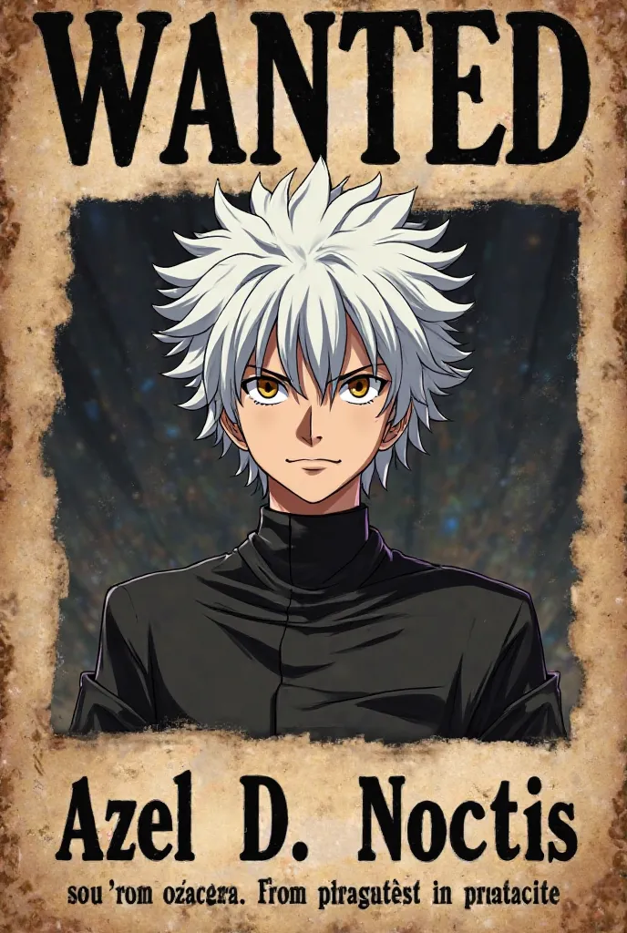 I want a photo of a wanted poster for one piece and the person that is wanted with those characteristics, My name is Azel D. Noctis I have white hair I'm a Lunarian with only one black wing that has fire that protects him, and I killed two sailors detalhe ...