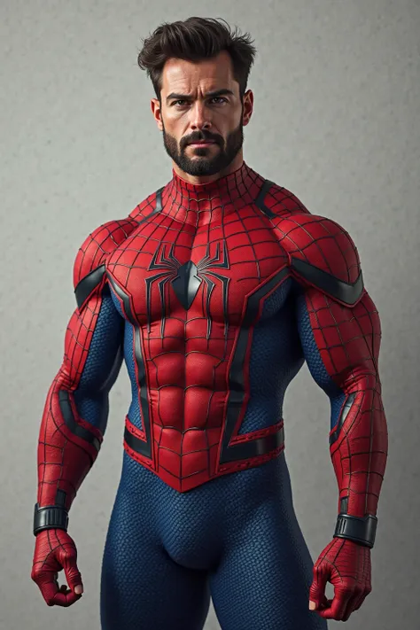 Naked, Spider-Man suit, male, handsome, cock, penis, dick, beard, abs