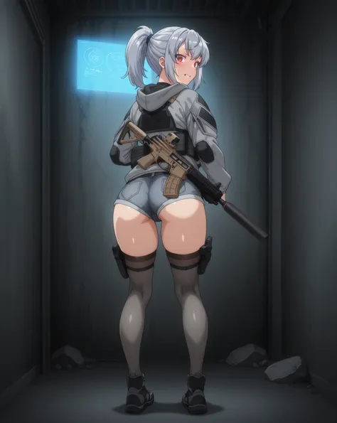 A tactical anime-style adult female soldier wearing tactical gear with a fleshy, glamorous figure。 with short silver hair tied in a ponytail with a navy hair band 、 red eyes。Anxious expression。equipped with black tactical armor over a gray hooded jacket、gr...