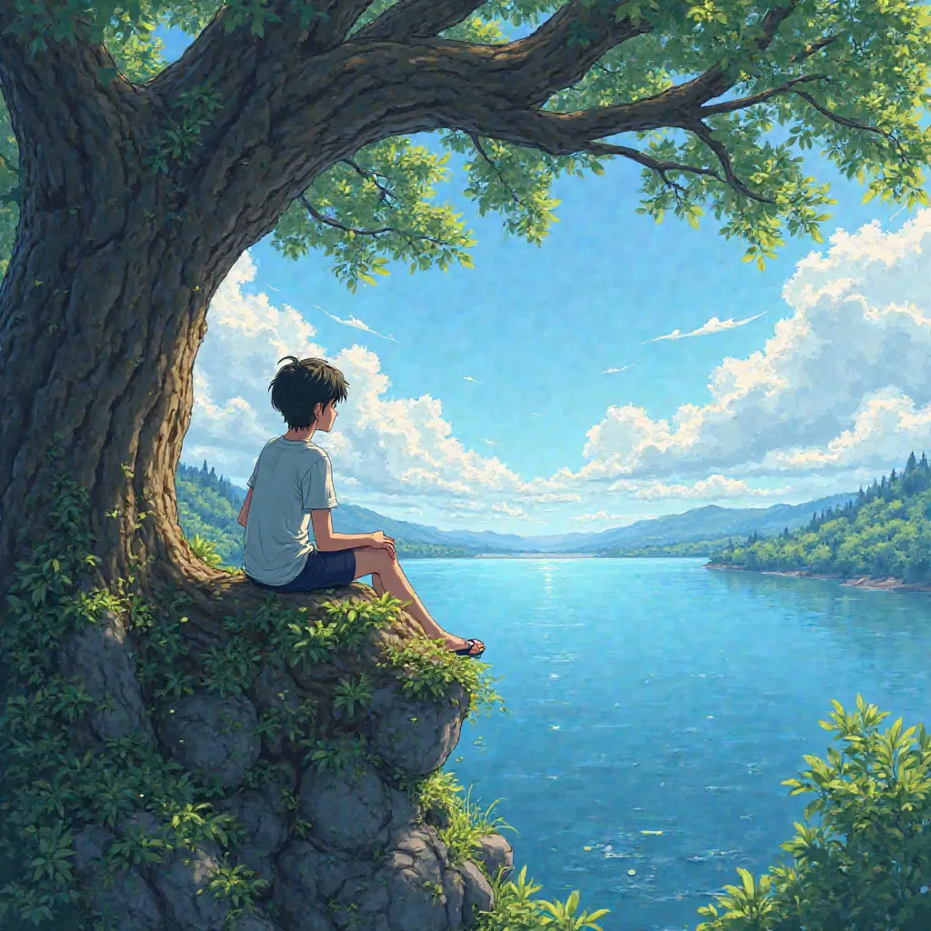 "A boy sitting on a large tree branch overlooking a vast, serene lake. The tree is massive, with intricate details in the bark, and the leaves are shimmering under the soft sunlight. The water of the lake reflects the vibrant colors of the sky, surrounded ...