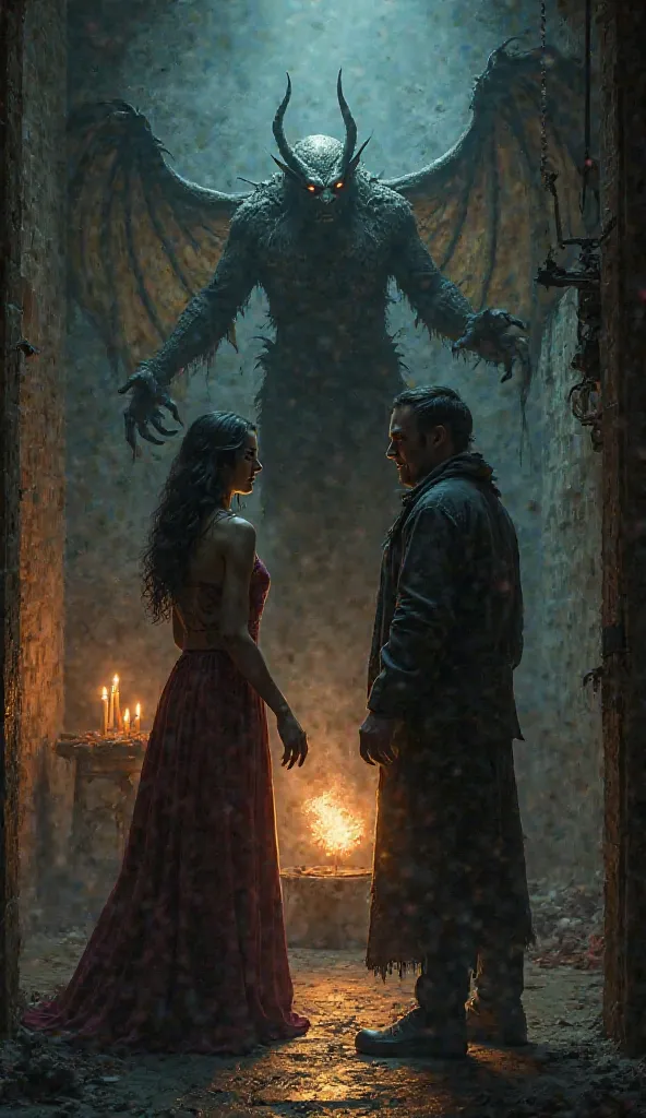 A couple woman and man in a room arguing and a sinister demon next to the man saying things in his ear, the demon has a fireball in his hand.