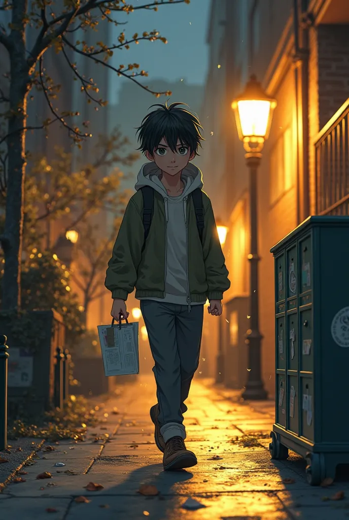 anime-style illustration.
the boy sneaking through the city, slipping letters into mailboxes.
streetlights casting a golden glow on the pavement.