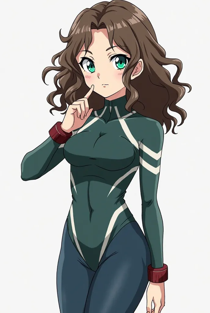 My Hero Academia girl template  wavy brown hair with green highlights, turquoise eyes and light complexion wears boots with dark blue tights with a dark green leotard, white stripes on the body with dark green sleeves and with a voice amplifier on the wris...