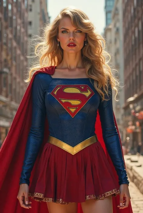 Uma Supergirl versão Taylor Swift, with blue long sleeve blouse, red skirt with yellow belt the emblem on the chest in red and yellow colors and red boot, hyperrealistic, cinematic.