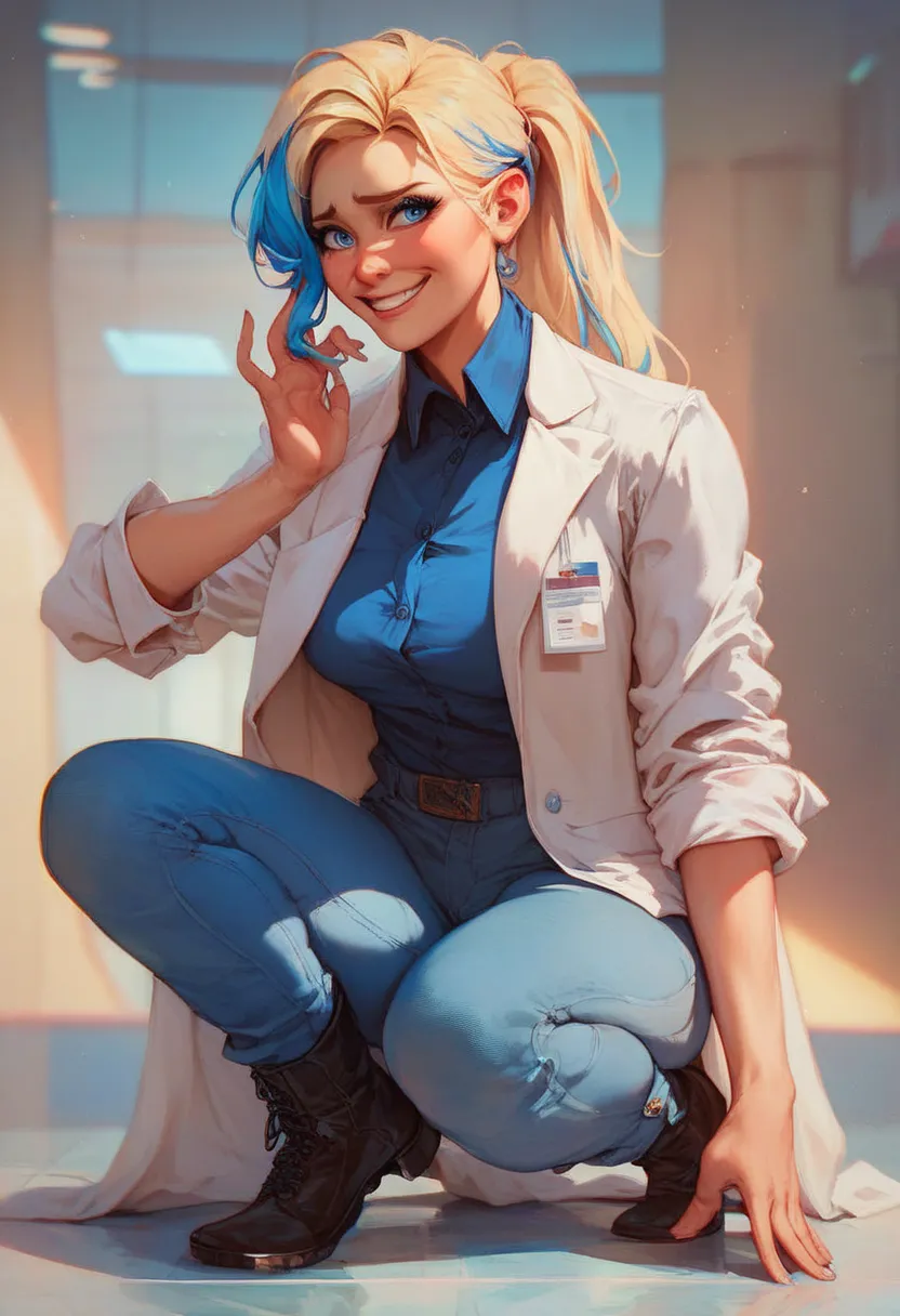 Masterpiece, best quality, high resolution,1girl, long blonde hair with blue highlights, ponytail, lab coat, dark blue button up shirt, jeans, professional pose, professional appearance, nervous smile, blue eyes, full body, work boots