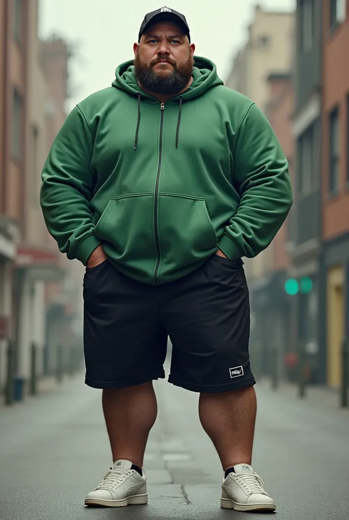 Create a sturdy, semi-fat white man weighing about 80 kilos, man dressed in a pure green hoodie, and wearing a pure black short,  black cap, And white puma sneakers