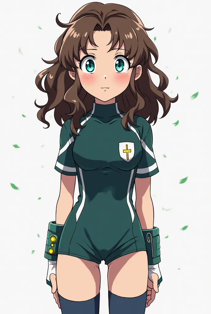 My Hero Academia girl template  wavy brown hair with green highlights, turquoise eyes and a fair complexion wears dark blue socks with a short dark green leotard, white stripes on the body with dark green sleeves and with a voice amplifier on the wrists