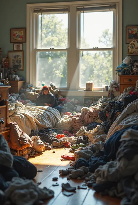 create a messy sleeping room, full of clothes scattered on the floor and misplaced furniture.  The lighting is natural and bright , coming from the Sun . 