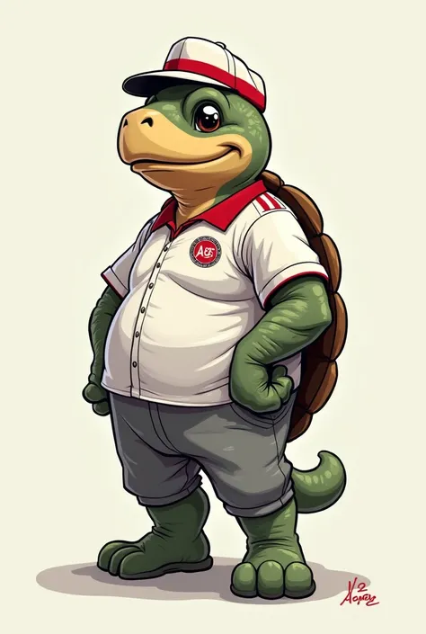 Create an anthropomorphic institutional mascot that looks like a ager in comic style of a turtle in a white uniform with red stripes, gray pants in a dynamic pose, with charisma and some element of tourism 