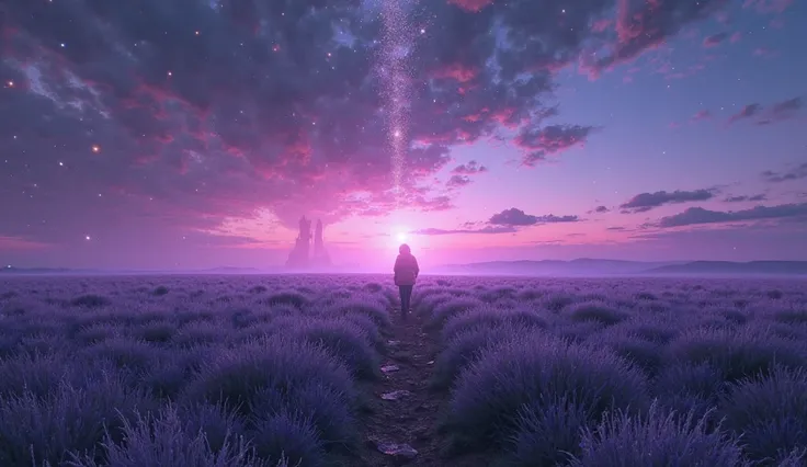 An otherworldly field stretching endlessly under a surreal twilight sky, where the grass glows softly in shades of deep violet and silver. Wisps of ethereal mist drift gently above the ground, shimmering under an unseen light. In the distance, a lone figur...