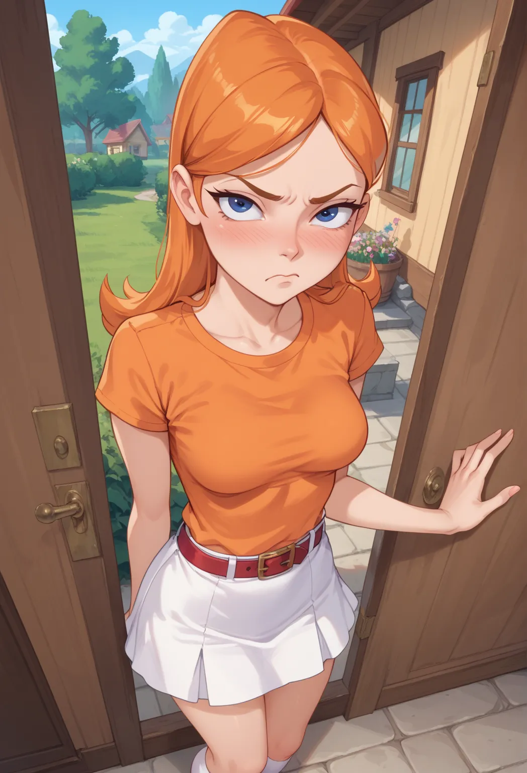 Candace Flynn, Orange hair, by the wide, annoyed, flushed, In the yard of your house, orange blouse, White skirt, white thigh high socks, from above his head, medium size breasts , look at the viewer. Red belt. , blushing, sucking a Penis 