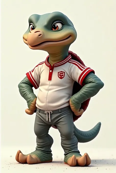 Create an anthropomorphic institutional mascot that looks like a ager in comic style of a turtle in a white uniform with red stripes, gray pants in a dynamic pose, with charisma and some element of tourism that you are seeing ahead