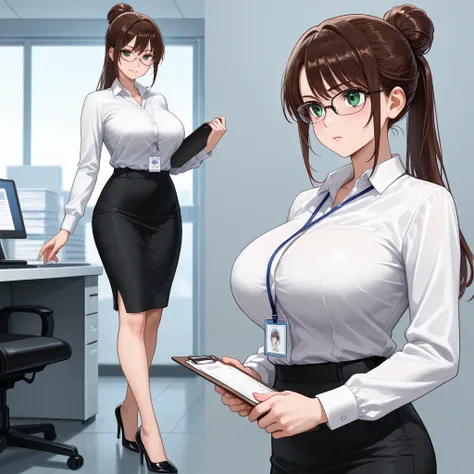 A stern and attractive brunette woman. She is dressed in very tight office attire. ((Ponytail/bun)). ((Glasses)) (big breasts), (green eyes) (tall) heels, holding a clipboard. ((Office setting)) (detailed eyes) ((stern)) (multiple angles) 