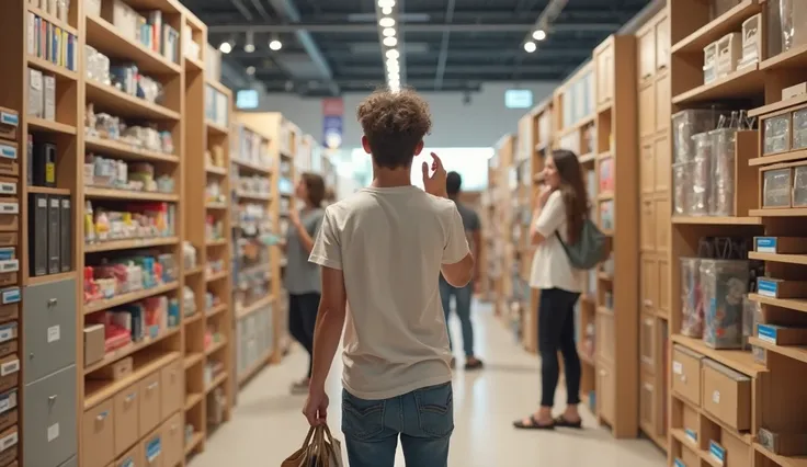 A young person with their backs, with an expression of curiosity and a little confusion, standing in the middle of a Organizing store full of furniture organizers. work It is surrounded by modular shelves, drawers with dividers,  Wall organizers , stackabl...