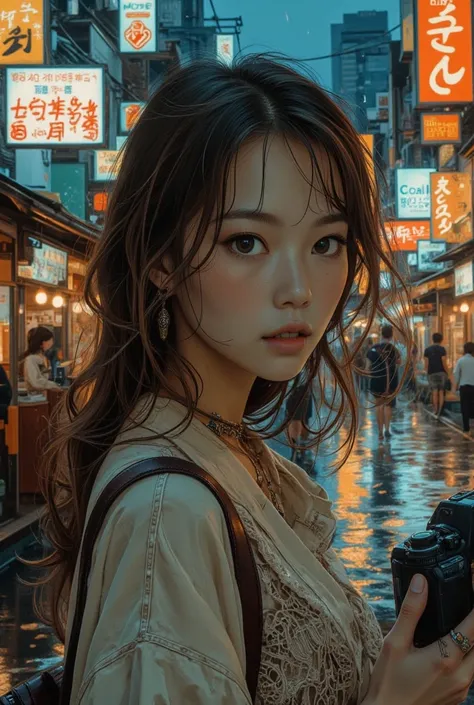 A girl holding a camera , mix4,(8K, RAW photo, best quality , masterpiece:1.2), ( realistic , photo- realistic :1.37),1 girl,beautiful,urban landscape, Evening, rain, wet, Professional lighting , Mapping of photons, Radiosity, physics-based rendering , lon...